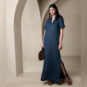 NWT! Banana Republic Indigo Cruz Linen Maxi Shirtdress - Size XS 🦋